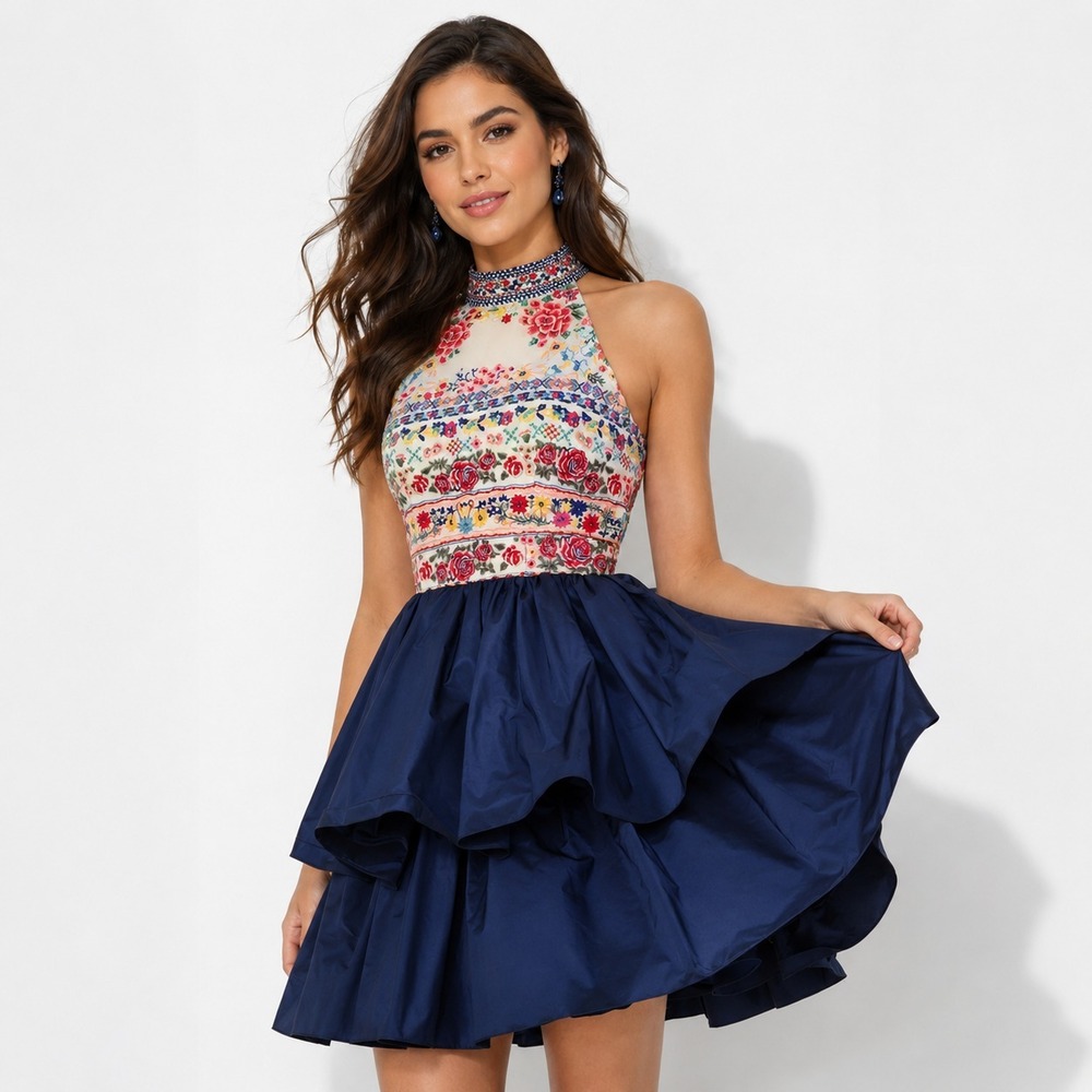 Sherri Hill Mini Dress Womens 8 Blue Floral Embroidered Beaded Homecoming Formal